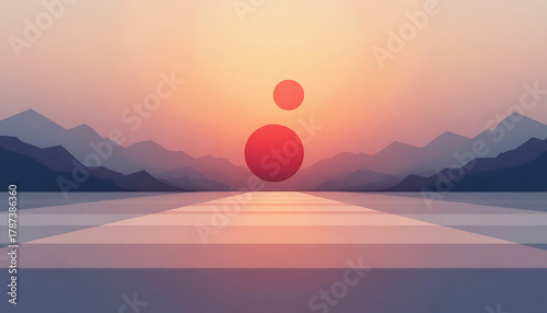 Surreal Sunset Landscape with Geometric Red Circles and Layered Mountains