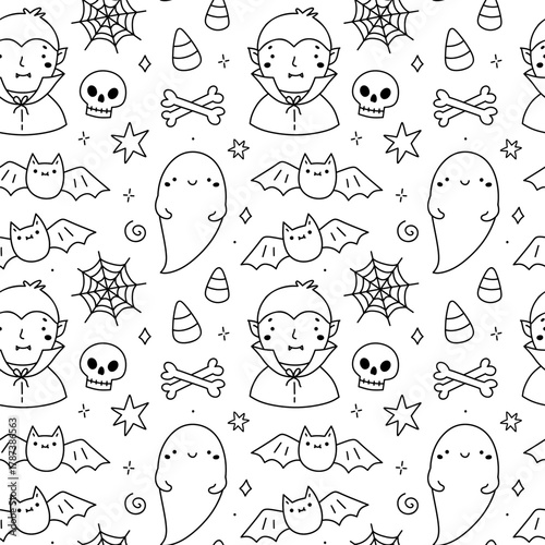 Cute Halloween seamless pattern with ghosts, vampires, bats, spider webs, skulls and bones. Fun hand-drawn black and white design for coloring pages, wrapping paper, and decorations. Doodle style.