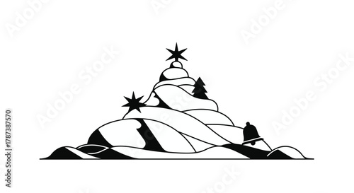 Whimsical snowy mountain peak with starry accents and a tiny evergreen tree.
