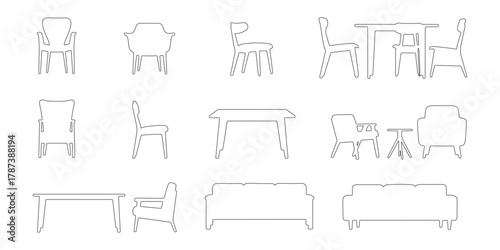 CAD Drawings. Modern outline furniture in section view, including various chairs, sofas, tables, and armchairs. Vector illustration.