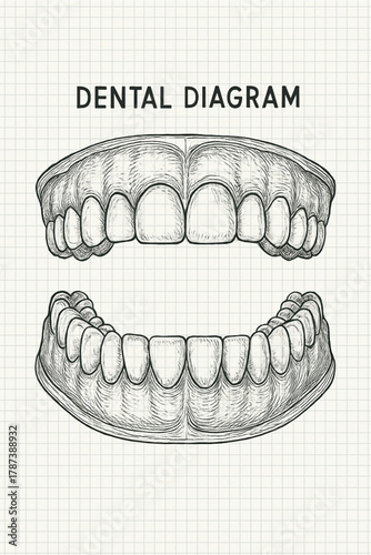 This is a hand-drawn, vintage-style "DENTAL DIAGRAM" illustration featuring the upper (maxillary) and lower (mandibular) dental arches in frontal view. The drawing utilizes cross-hatching and shading 