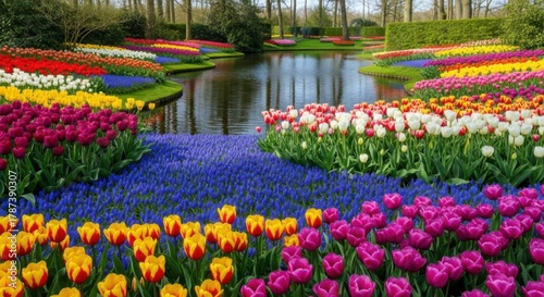 Vibrant Tulip and Hyacinth Garden with Reflecting Pond, Flower, Spring, Bloom