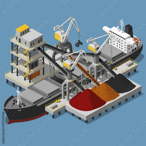 Isometric Illustration of a Port with Ships and Cranes Loading Cargo.