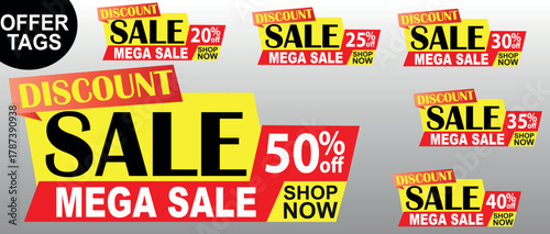Discount Tags Vector Set, Popup Mega Sale Banner, 50, 20, 25, 30, 35, 40 Off, Shop Now Yellow Red EPS