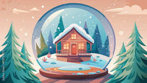 Delicate watercolor illustration of a glass snow globe containing a cozy wooden cabin surrounded by pine trees and gentle snowfall, soft pastel tones and dreamy atmosphere, evoking warmth, nostalgia