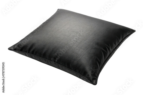 Black textured square cushion with piped edges on white background
