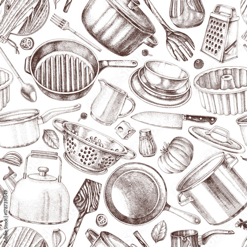 Kitchenware seamless sketched vector pattern