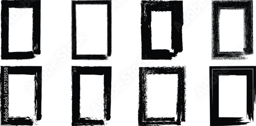 Collection of eight distressed rectangular frames with a grunge texture for graphic design projects