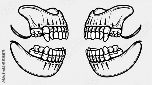 This line-art diagram presents a bilateral, sagittal view of the human dental arches and associated jaw bones. It shows both the maxilla (upper jaw) and mandible (lower jaw) separated, 