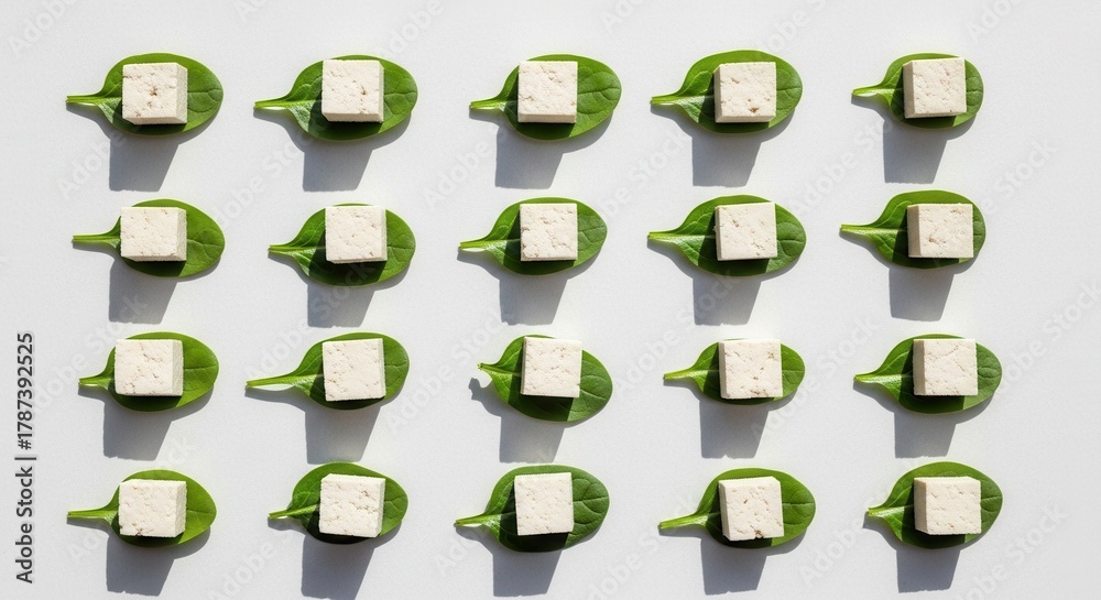 Fototapeta premium An artistic display of tofu cubes placed on fresh spinach leaves, showcasing a healthy food concept. Ideal for culinary and nutrition themes.