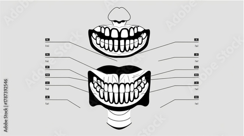 This graphic displays the human dentition within the oral cavity, featuring both the maxillary (upper) and mandibular (lower) arches. The diagram includes surrounding anatomical features 