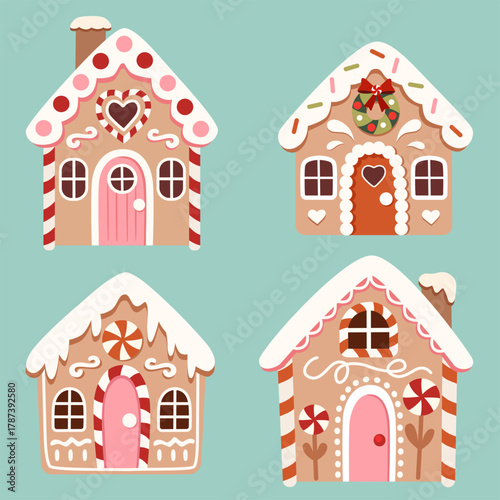 Gingerbread house collection. Vector winter icons. Can be used for children's room, cards, prints.