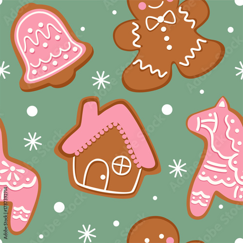 Christmas pattern of decorated gingerbread cookies. Vector seamless texture.