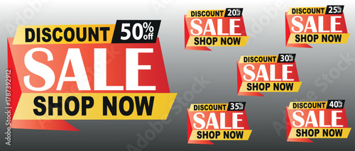 Discount Tags Vector Set, Popup Sale Banner, 50, 20, 25, 30, 35, 40 Off, Shop Now Red Yellow EPS