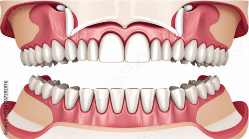 A detailed anatomical illustration providing a cross-sectional view of the upper and lower dental arches. The image shows the full set of teeth and the surrounding structures, including the pink gums 