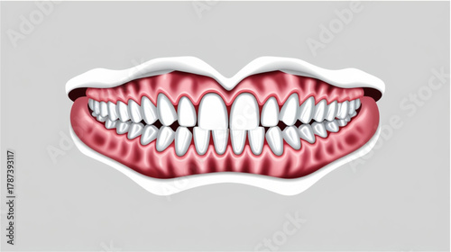 A realistic digital rendering of a complete set of human upper and lower teeth (dentition) set within pink, healthy gums. The teeth are bright white, uniformly shaped, and perfectly aligned, showcasin