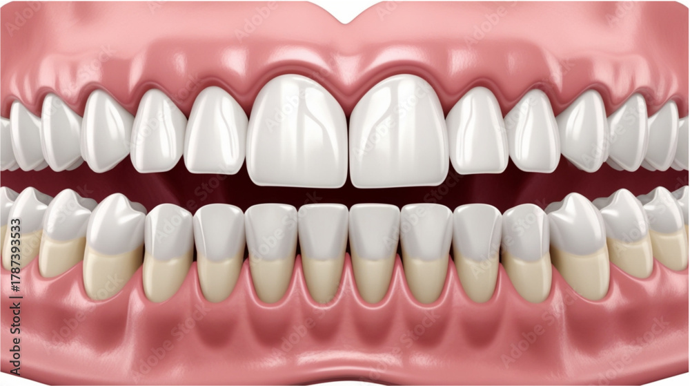 Obraz premium A digital illustration of human upper and lower dentition showing a common condition known as a diastema, which is a gap between the two upper central incisors. The gums appear pink and healthy. 