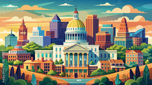 Very beautiful view of the Jackson, Mississippi, USA skyline featuring the State Capitol Building, modern downtown structures, warm natural light, and a realistic vibrant urban landscape.