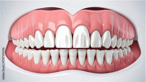 A realistic digital rendering of a complete set of human upper and lower teeth (dentition) set within pink, healthy gums. The teeth are bright white, uniformly shaped, and perfectly aligned, showcasin