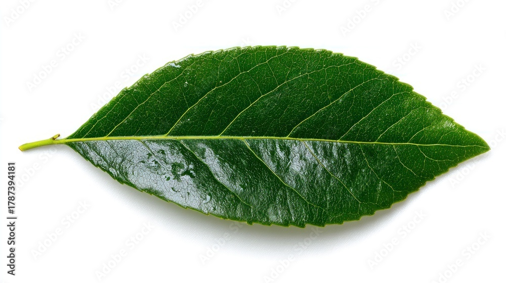 Obraz premium A single, vibrant green leaf with prominent veins and a slightly glossy surface, resting on a bright white background. A subtle shadow is cast