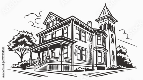 Illustration of a large victorian style house with tower and front porch in black and white line art created with generated ai