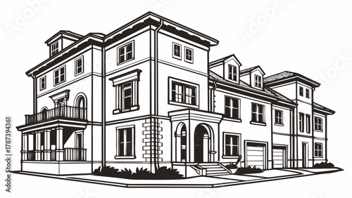 Illustration of a row of townhouses with dormers and garages in a black and white line drawing style created with generated ai