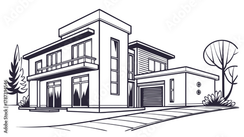 Illustration of a modern two story house with a garage and trees in a black and white line drawing created with generated ai