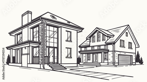 Illustration of two detached houses with different architectural styles and prominent rooflines shown in black and white created with generated ai
