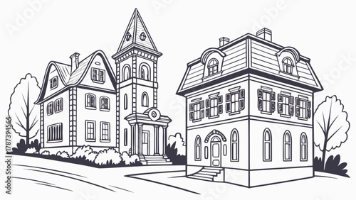 Outlined drawing of two large houses with a tower and trees in a black and white illustration style created with generated ai