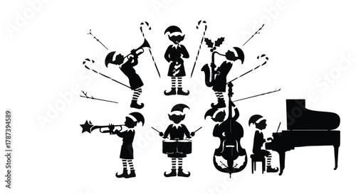 Whimsical elves play festive music together, creating a joyful holiday symphony with instruments and candy canes.