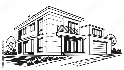 Illustration of a modern two story house with garage trees and a driveway in black and white style created with generated ai
