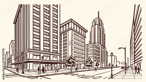 Illustration of a cityscape with tall buildings pedestrians and street lamps in a line art style view created with generated ai