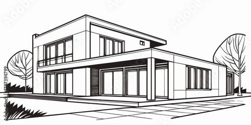 Illustration of a modern two story house with large windows and trees in a black and white line drawing created with generated ai