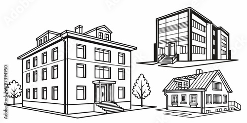 Illustration of several buildings including a house, apartment building, and office building in black and white created with generated ai