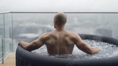 Man relaxing in ice bath on balcony with cityscape view