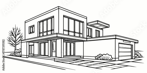 Line drawing of a modern house with large windows a garage and a tree on the side of the house created with generated ai