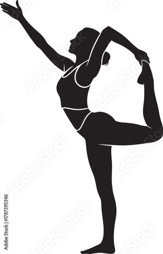 Silhouette of a woman performing a graceful dancer pose in yoga on a white background