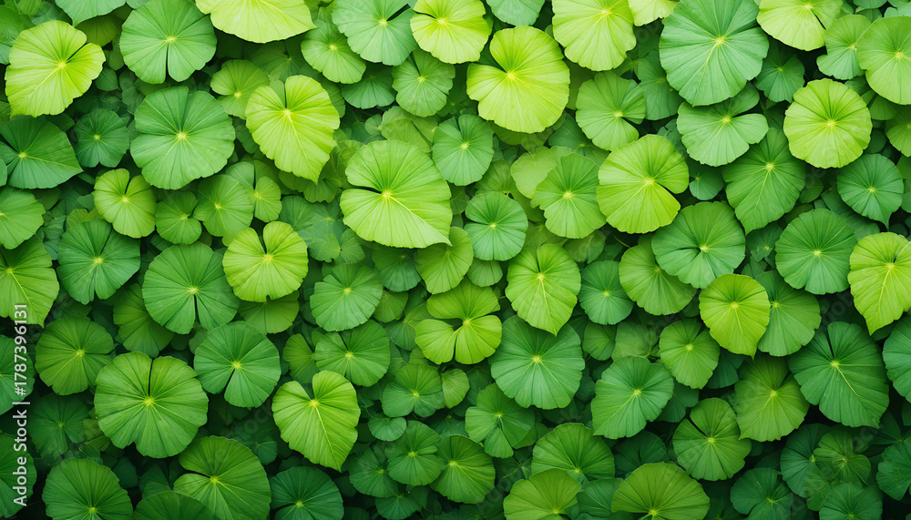 Fototapeta premium Dense Cluster of Round Green Leaves with Radiating Veins in Natural Pattern