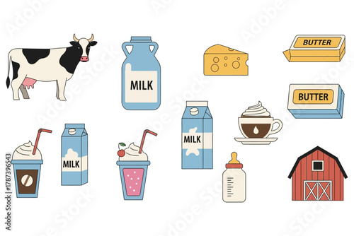 A cute and colorful vector icon set featuring dairy and milk-related items, including a cow, milk jug, cheese, butter, milk cartons, baby bottle, milkshake, coffee cup, and farm barn.