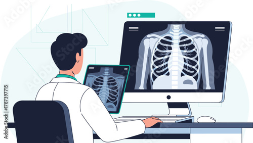 Doctor analyzing chest X-ray images using computer and tablet in modern diagnostic room, radiology technology, medical imaging and patient care