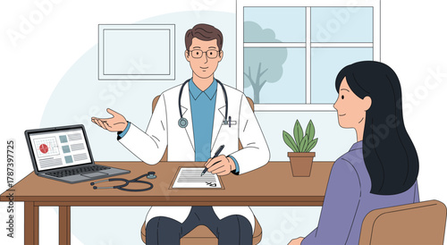 Doctor consulting female patient in clinic office, writing prescription, healthcare communication, medical advice, professional care, cartoon-style illustration