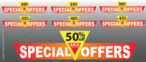 Discount Banner Vector Set, Pop up Special Offers, 20, 25, 30, 35, 40, 45, 50 Off, Red Yellow EPS