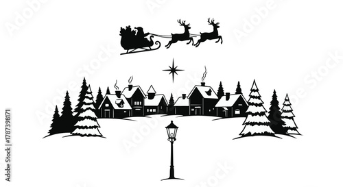 Magical silhouette of Santa's sleigh flying over a charming winter village at night.