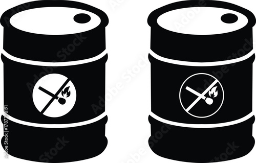 Black silhouette vector of oil barrels with flame hazard symbol industrial fuel and flammable Material illustration

