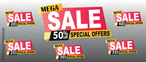 Discount Tags Vector Set, Popup Mega Sale Banner, 50, 20, 40, 25, 30, 35 Off, Special Offers Red Yellow EPS
