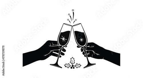 Hands clinking champagne glasses in a festive celebration with sparkling bubbles