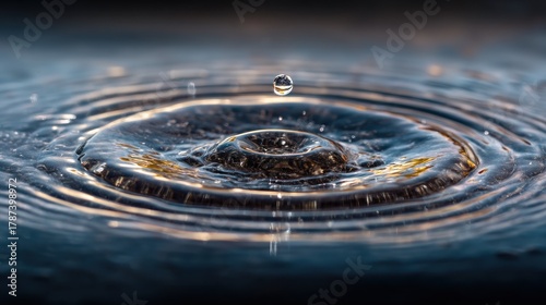 A falling droplet impacting liquid, creating circular waves radiating outwards on the dark surface