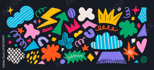 Colorful trendy abstract geometric shape set with modern elements doodles and texture. Vector collage drawing style forms collection, bright background