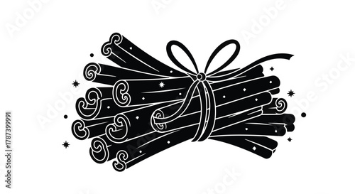 A festive bundle of cinnamon sticks tied with a ribbon, evoking warm holiday spices and aromatic comfort.