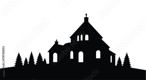 Silhouette of a charming old building nestled among evergreen trees against a white background